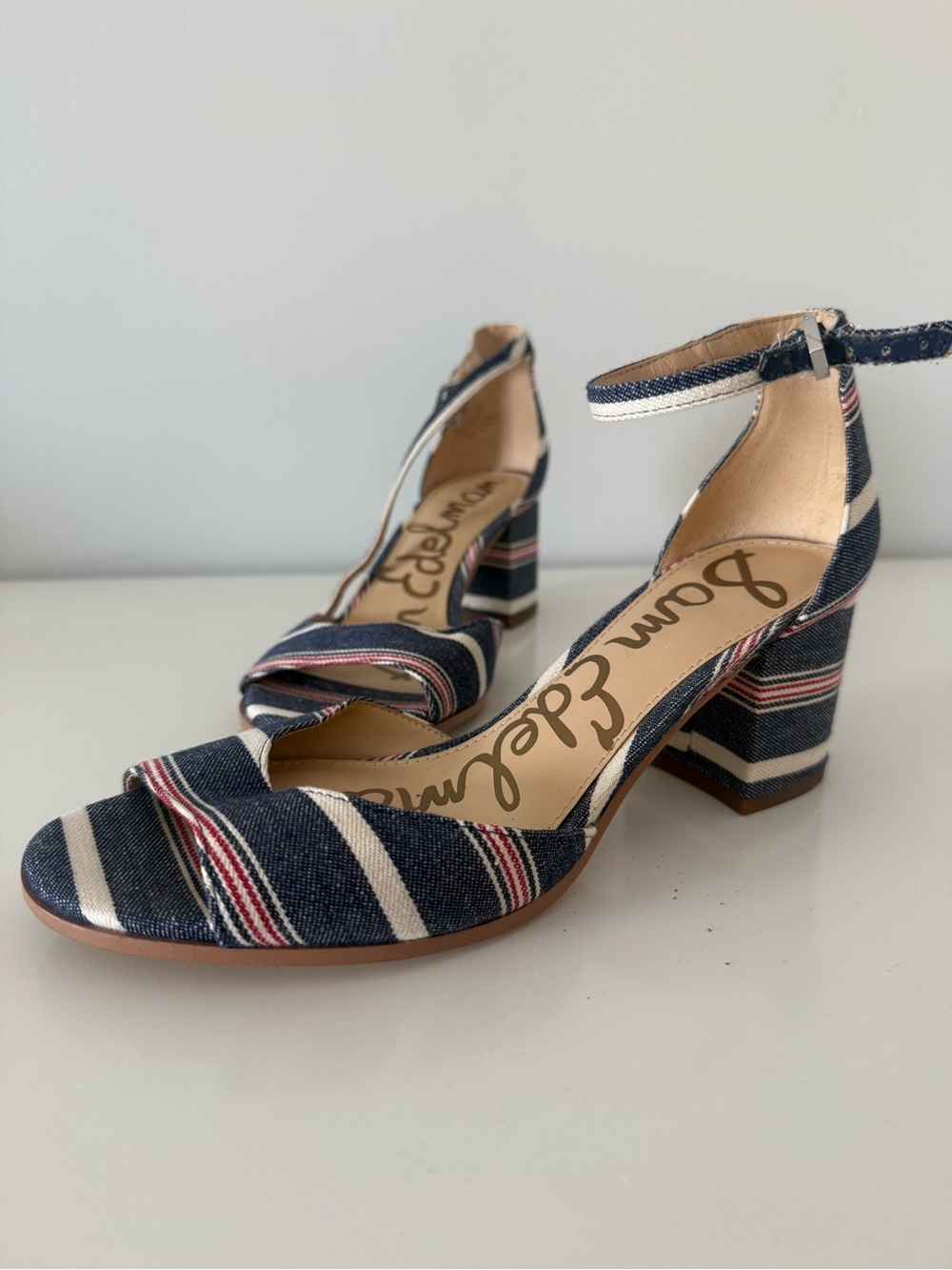 Sam Edelman Navy, White & Red Striped Block Heel Sandals